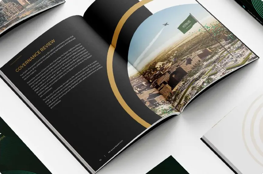 Governance review spread with gold arc