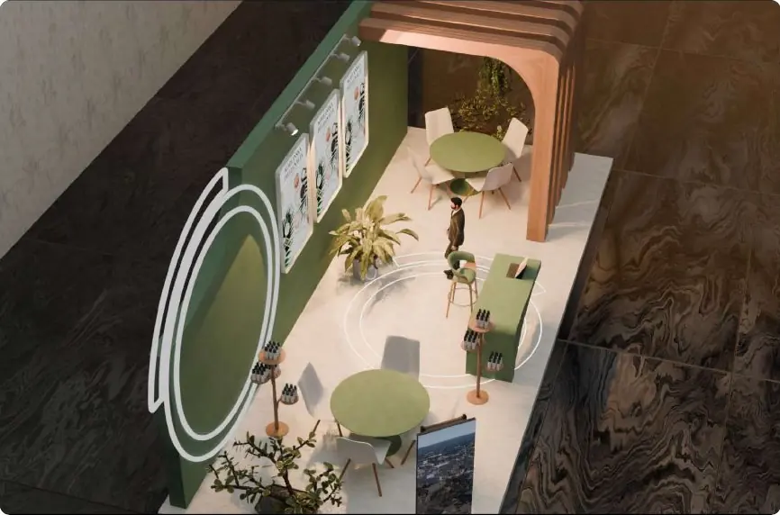 Skincare brand booth with timber arches